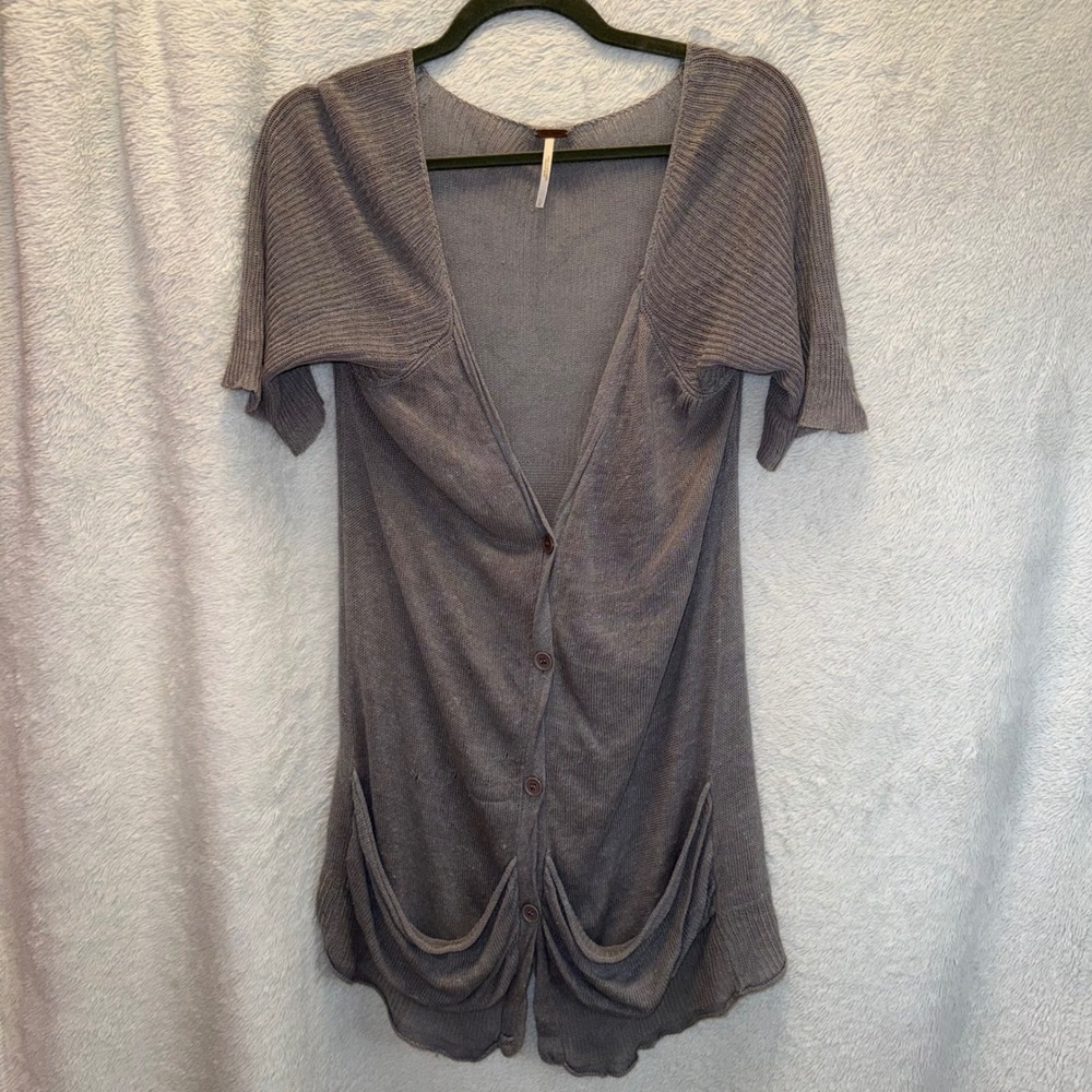 Free People Linen Blend Short Sleeve Cardigan Grey Knit Large Casual Boho Whimsy